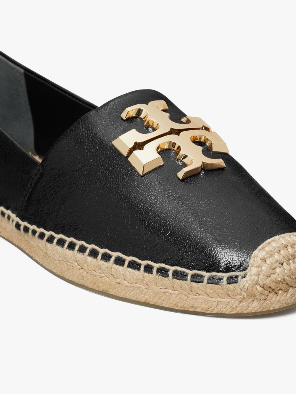 Tory Burch Black Leather Espadrille with Gold Logo Emblem